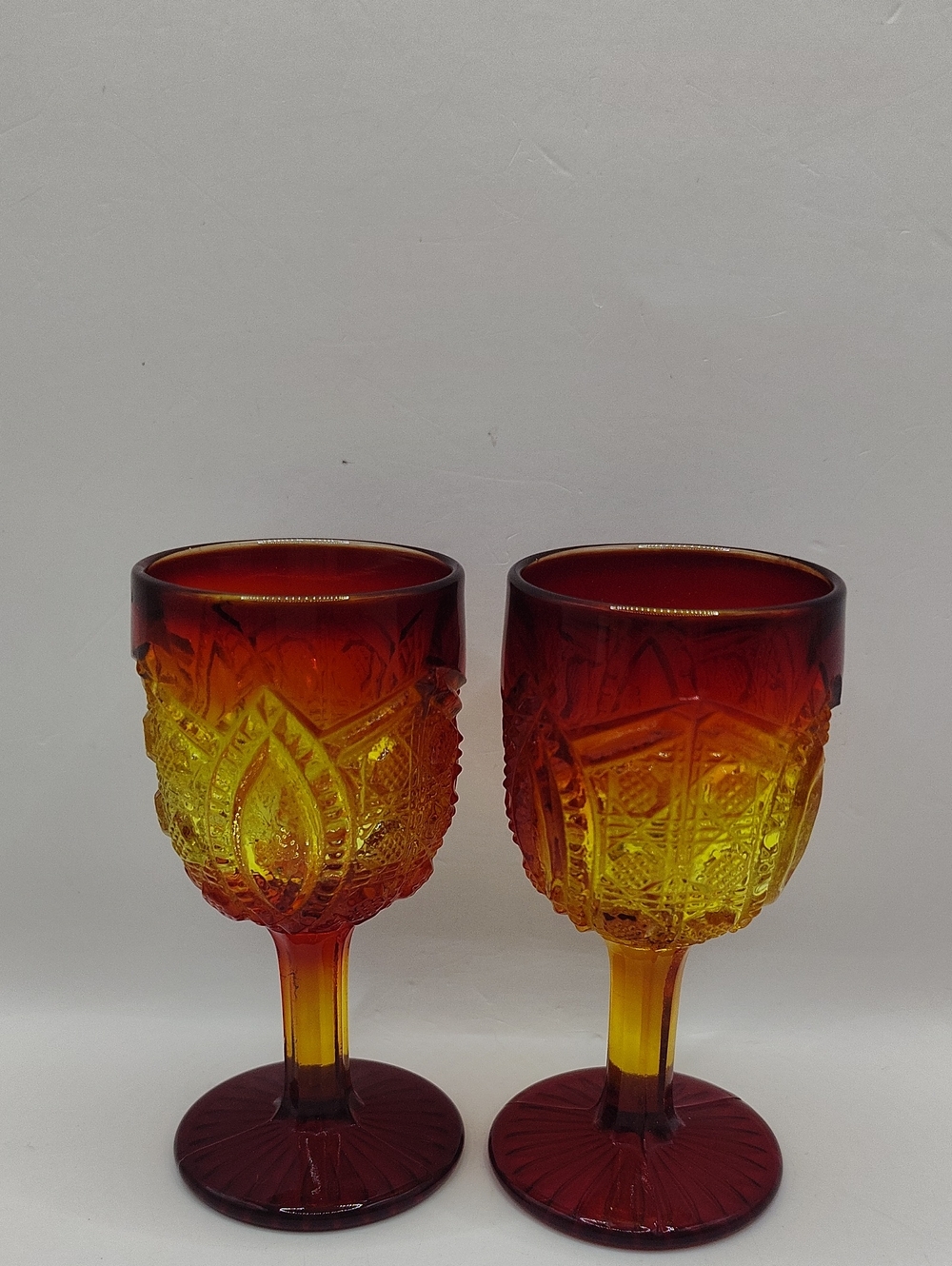 Vintage Amber to Ruby Ombre Pressed Glass Goblets - Set of 2